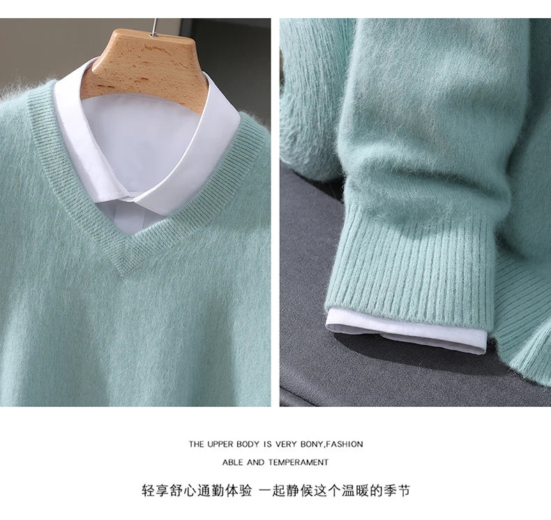 Men’s 100% Pure Mink Cashmere V-Neck Sweater –  for Autumn & Winter