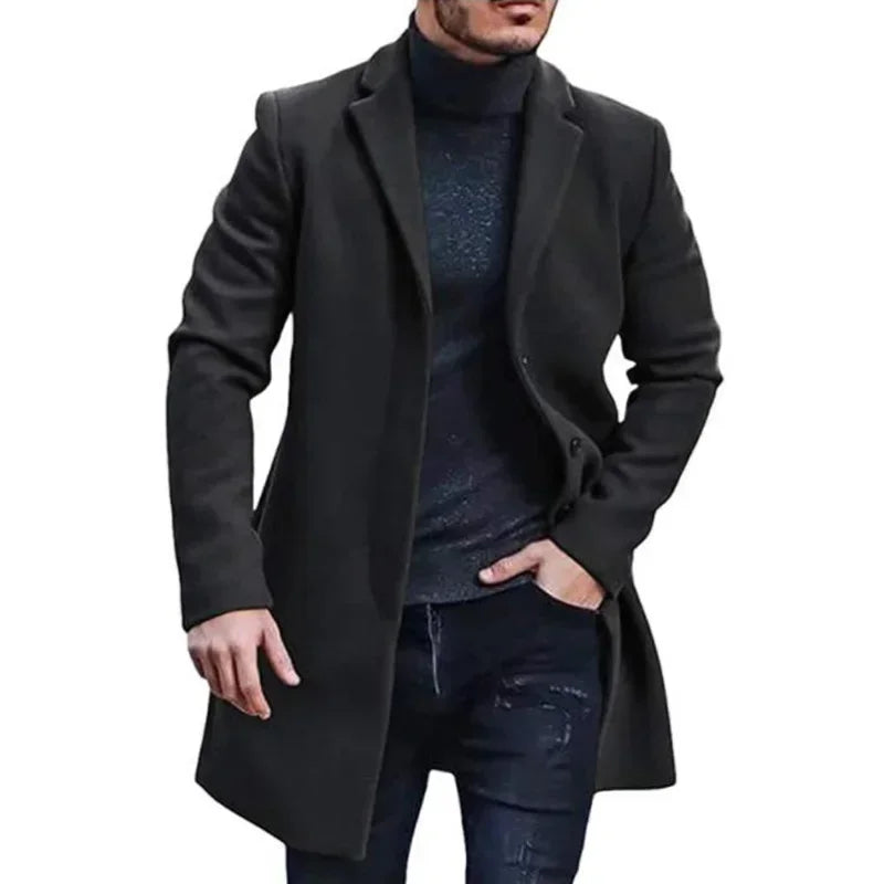 Men’s Woolen Overcoat – Elegant Long Trench Coat for Autumn & Winter