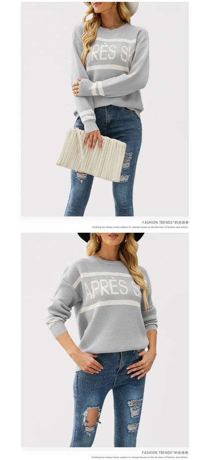 Women’s Oversized Monogram Jacquard Sweater – Crew Neck Patchwork Knit Pullover
