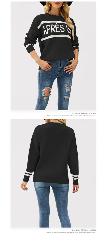 Women’s Oversized Monogram Jacquard Sweater – Crew Neck Patchwork Knit Pullover