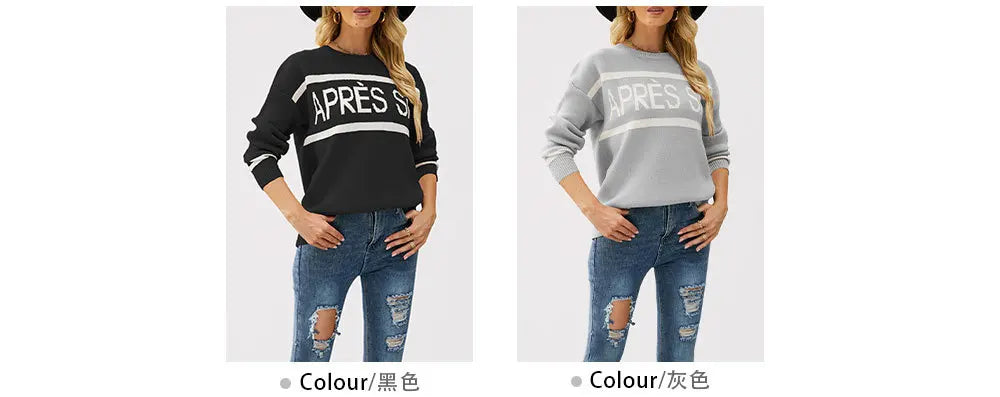 Women’s Oversized Monogram Jacquard Sweater – Crew Neck Patchwork Knit Pullover