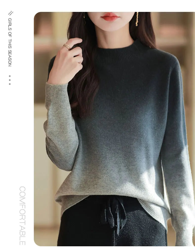 Women’s Fine Wool Thickened Sweater – Gradient Colour Mock Neck Pullover | Elegant Winter Knitwear by Rarely