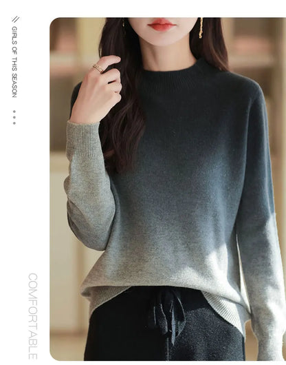 Women’s Fine Wool Thickened Sweater – Gradient Colour Mock Neck Pullover | Elegant Winter Knitwear by Rarely