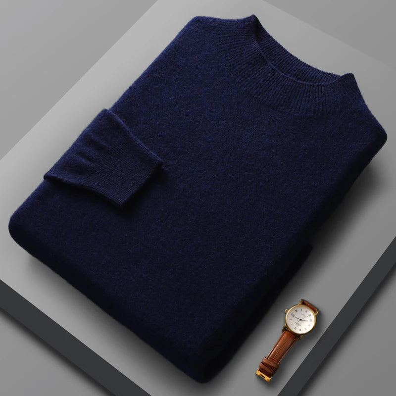 Men’s 100% Merino Wool Sweater – Luxury Half High Collar Knit Pullover