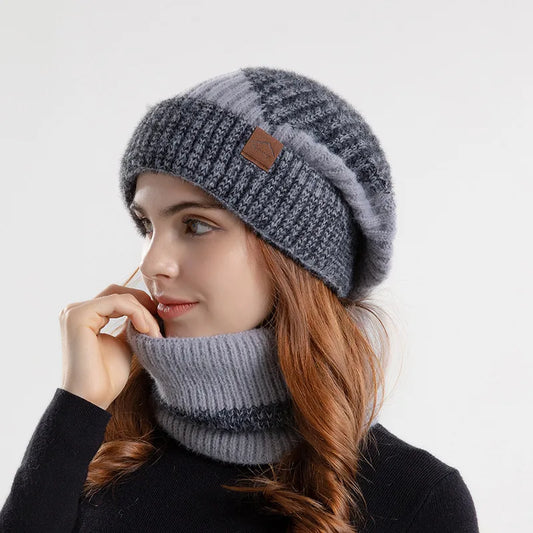 Winter Women Beanies & Snood Set – Two-Tone Knitted Hat and Scarf