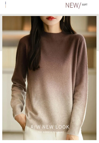 Women’s Fine Wool Thickened Sweater – Gradient Colour Mock Neck Pullover | Elegant Winter Knitwear by Rarely