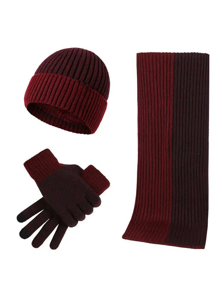 3Pcs/set Winter Beanie Hat Scarf Gloves Outdoor Ski Windproof Warm Scarf Sets Ear Protection Knitted Hat Scarf Mittens Set