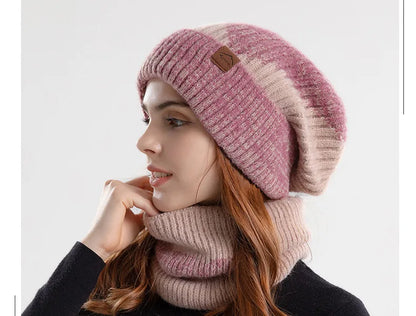 Winter Women Beanies & Snood Set – Two-Tone Knitted Hat and Scarf