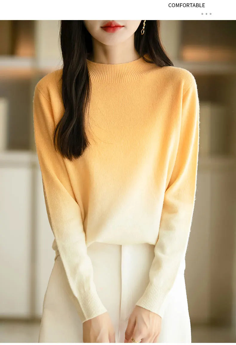 Women’s Fine Wool Thickened Sweater – Gradient Colour Mock Neck Pullover | Elegant Winter Knitwear by Rarely