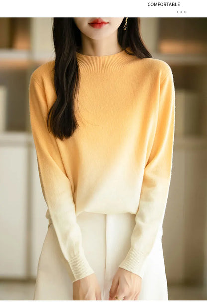 Women’s Fine Wool Thickened Sweater – Gradient Colour Mock Neck Pullover | Elegant Winter Knitwear by Rarely
