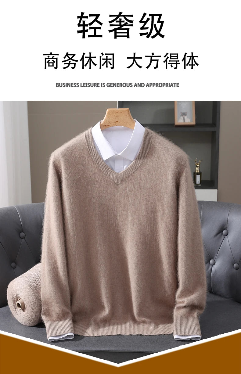 Men’s V-Neck Cashmere Wool Sweater – Soft Luxury Knit Pullover for Autumn & Winter