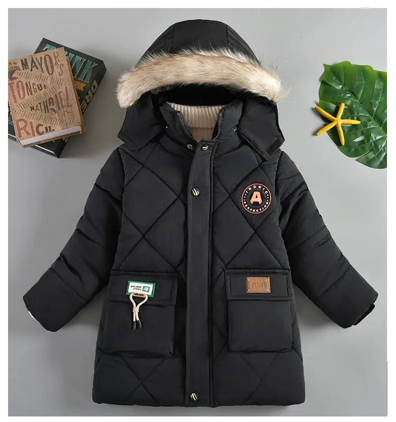 Boys’ Winter Thick Hooded Coat – Warm Fur Collar Jacket