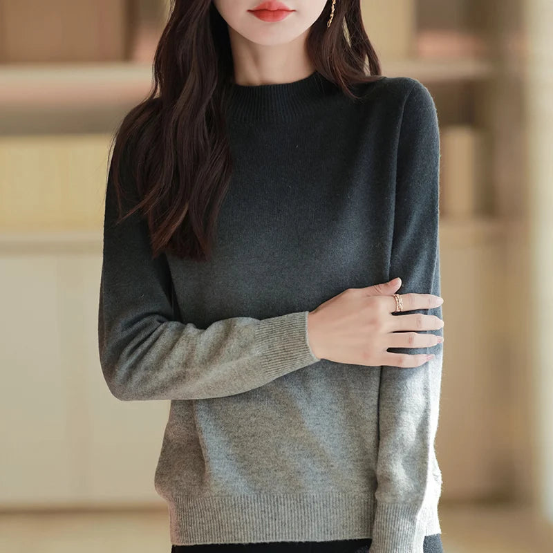 Women’s Fine Wool Thickened Sweater – Gradient Colour Mock Neck Pullover | Elegant Winter Knitwear by Rarely
