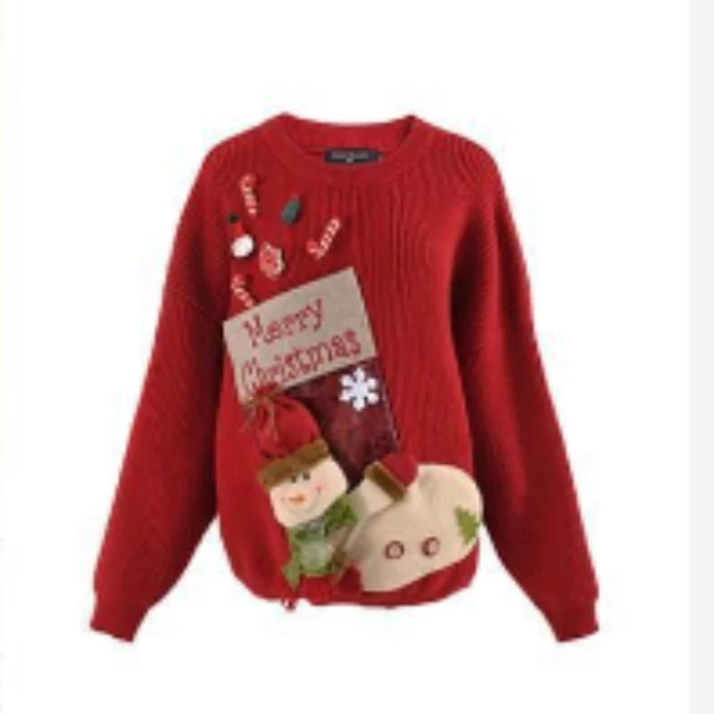 2026 Christmas Embroidery Loose Sweet Simple Jumper Pullover 3D Flower Knit Heavy Knitted Korea Goth New Feminine Tops Sweaters