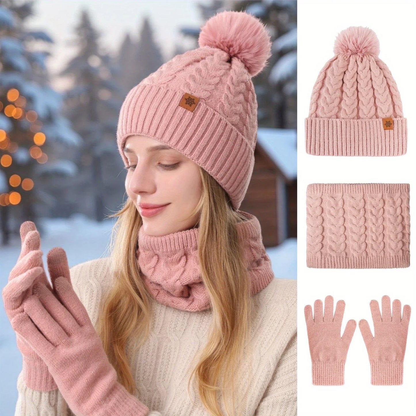 Winter 3-Piece Set: Warm Knit Hat, Scarf & Gloves