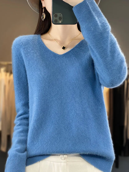 Women’s 100% Merino Wool Sweater – Elegant V-Neck Long Sleeve Pullover | Autumn & Winter Essential by Rarely