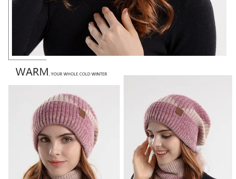 Winter Women Beanies & Snood Set – Two-Tone Knitted Hat and Scarf