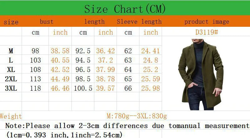 Men’s Woolen Overcoat – Elegant Long Trench Coat for Autumn & Winter