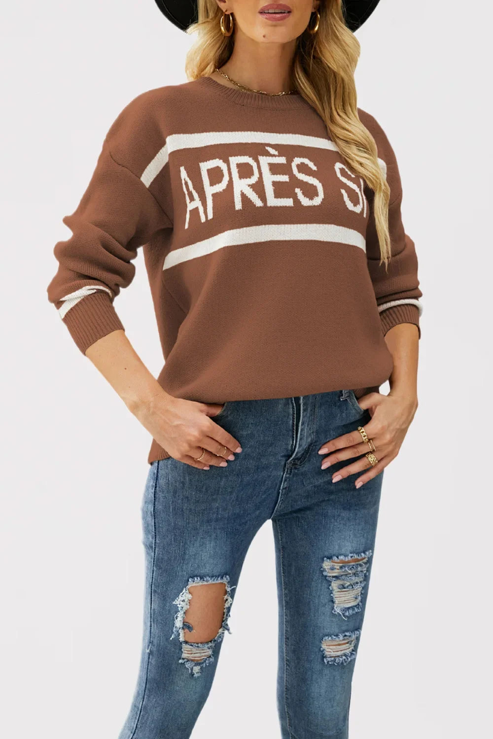 Women’s Oversized Monogram Jacquard Sweater – Crew Neck Patchwork Knit Pullover