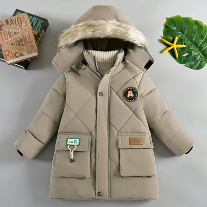 Boys’ Winter Thick Hooded Coat – Warm Fur Collar Jacket