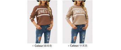 Women’s Oversized Monogram Jacquard Sweater – Crew Neck Patchwork Knit Pullover