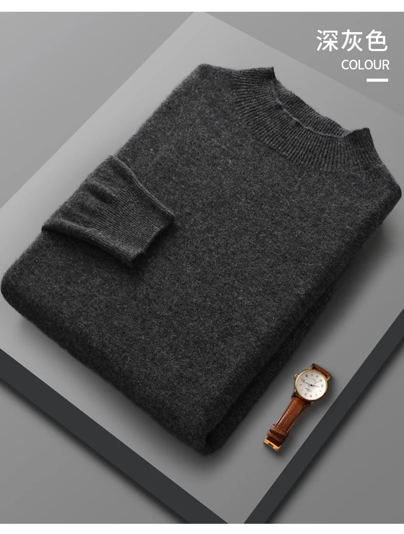 Men’s 100% Merino Wool Sweater – Luxury Half High Collar Knit Pullover
