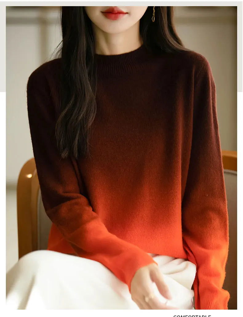 Women’s Fine Wool Thickened Sweater – Gradient Colour Mock Neck Pullover | Elegant Winter Knitwear by Rarely