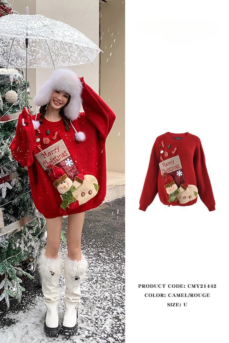2026 Christmas Embroidery Loose Sweet Simple Jumper Pullover 3D Flower Knit Heavy Knitted Korea Goth New Feminine Tops Sweaters