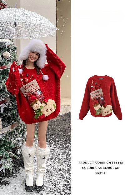 2026 Christmas Embroidery Loose Sweet Simple Jumper Pullover 3D Flower Knit Heavy Knitted Korea Goth New Feminine Tops Sweaters