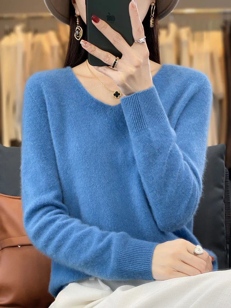 Women’s 100% Merino Wool Sweater – Elegant V-Neck Long Sleeve Pullover | Autumn & Winter Essential by Rarely