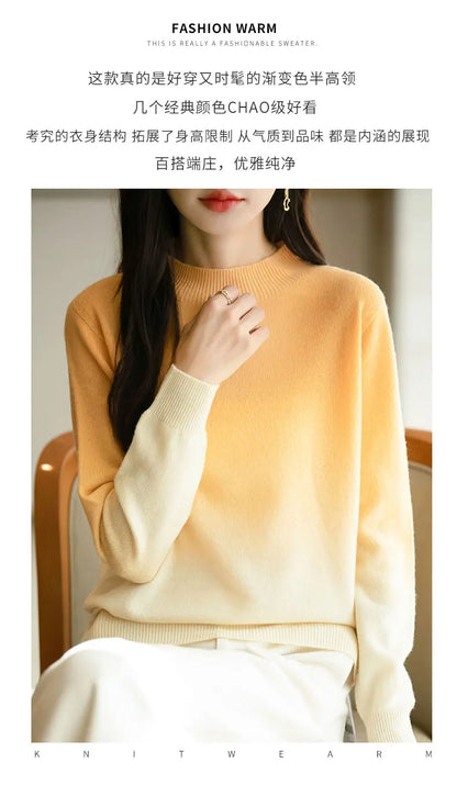 Women’s Fine Wool Thickened Sweater – Gradient Colour Mock Neck Pullover | Elegant Winter Knitwear by Rarely