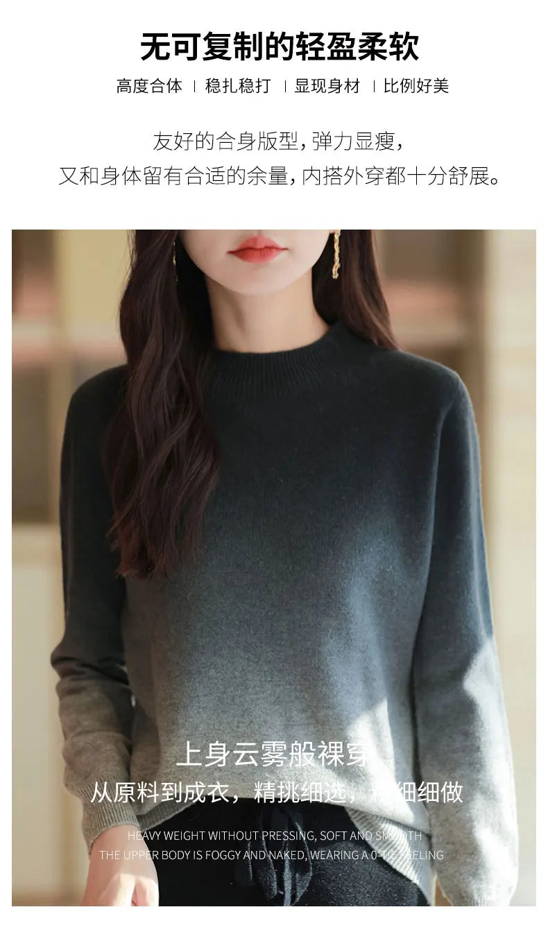 Women’s Fine Wool Thickened Sweater – Gradient Colour Mock Neck Pullover | Elegant Winter Knitwear by Rarely