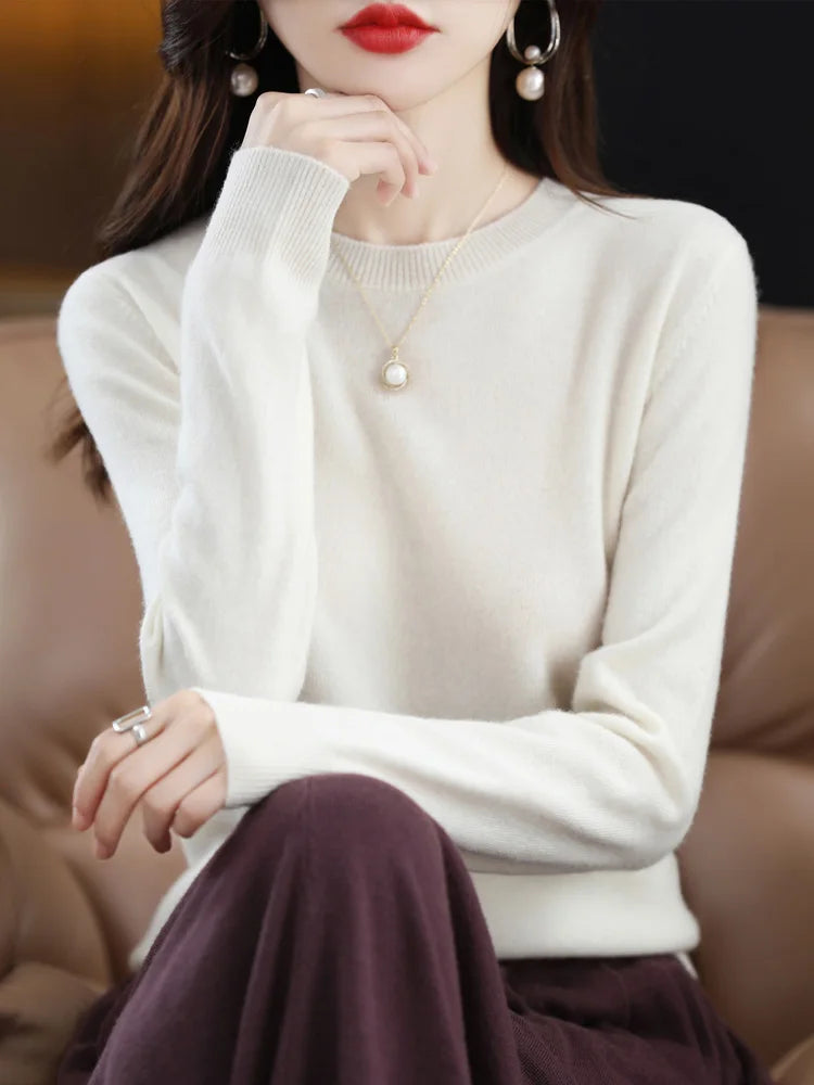 Women’s 100% Merino Wool Sweater – Soft Cashmere O-Neck Pullover