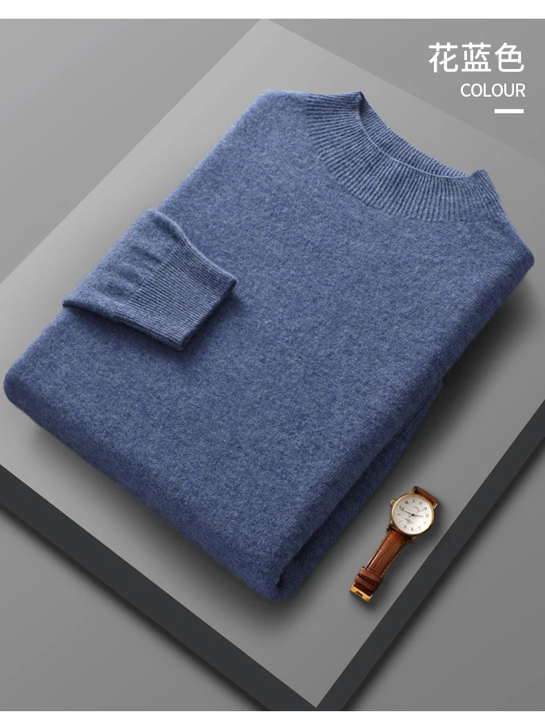 Men’s 100% Merino Wool Sweater – Luxury Half High Collar Knit Pullover