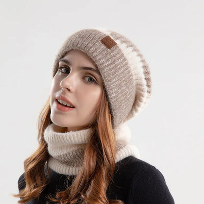Winter Women Beanies & Snood Set – Two-Tone Knitted Hat and Scarf