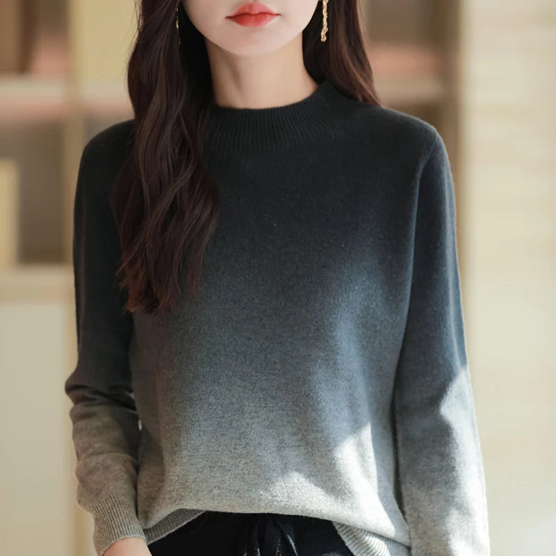 Women’s Fine Wool Thickened Sweater – Gradient Colour Mock Neck Pullover | Elegant Winter Knitwear by Rarely