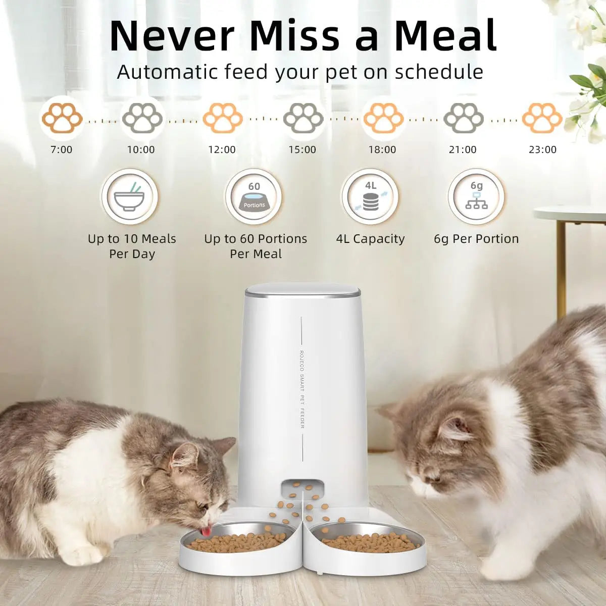 ROJECO Smart Automatic Cat Feeder – WiFi Pet Food Dispenser with Timer