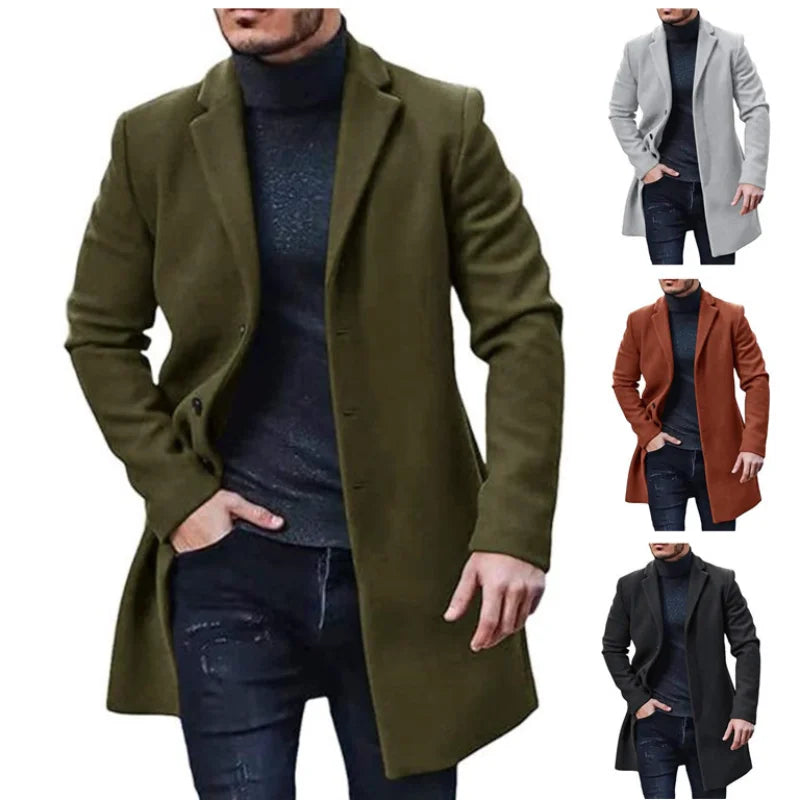 Men’s Woolen Overcoat – Elegant Long Trench Coat for Autumn & Winter