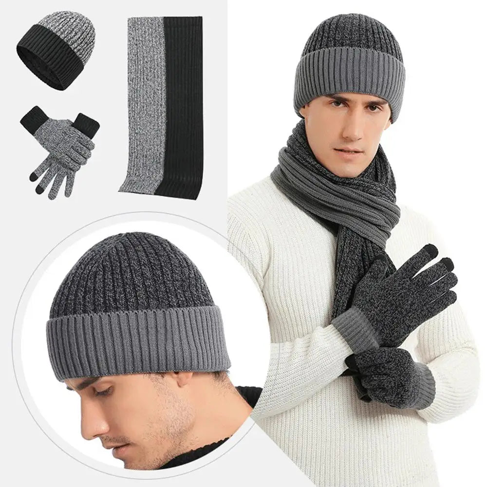 3Pcs/set Winter Beanie Hat Scarf Gloves Outdoor Ski Windproof Warm Scarf Sets Ear Protection Knitted Hat Scarf Mittens Set