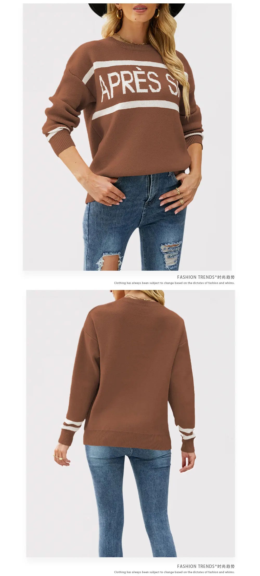 Women’s Oversized Monogram Jacquard Sweater – Crew Neck Patchwork Knit Pullover