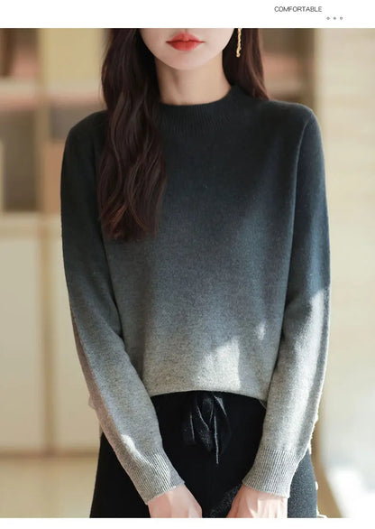 Women’s Fine Wool Thickened Sweater – Gradient Colour Mock Neck Pullover | Elegant Winter Knitwear by Rarely