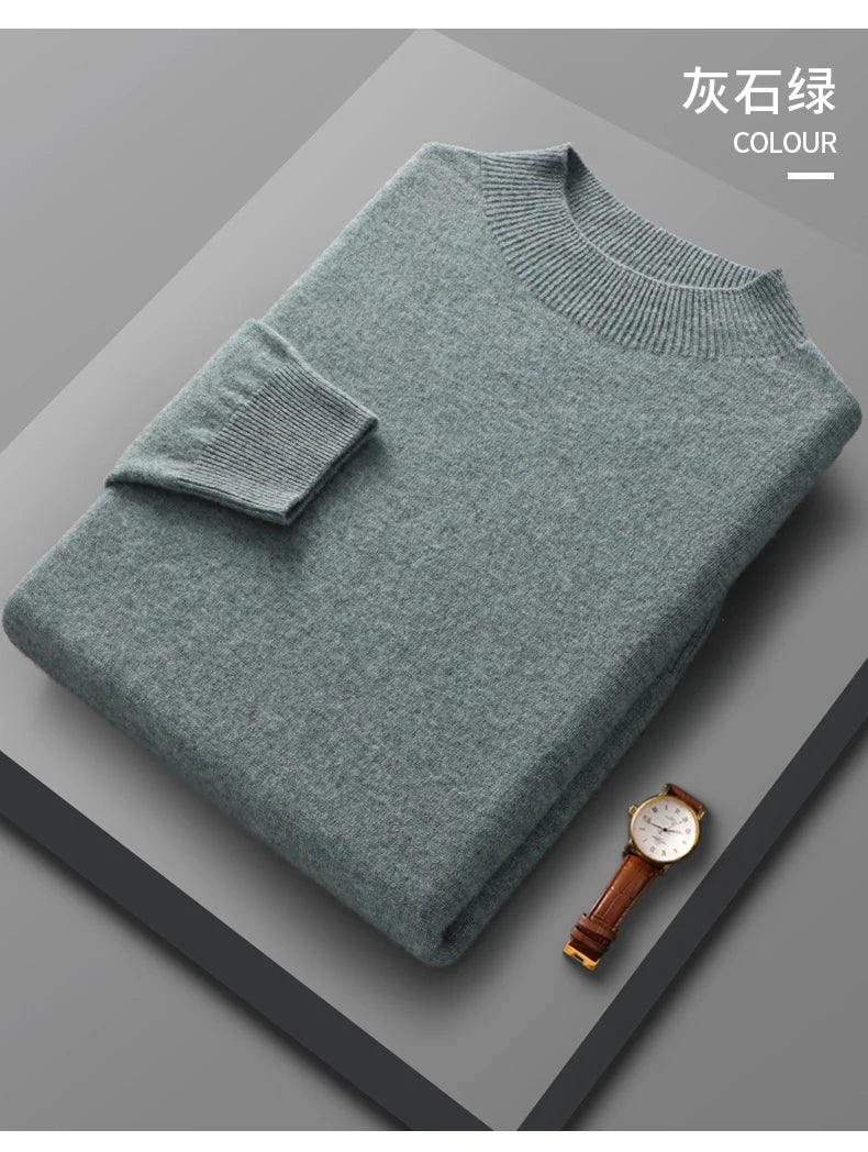 Men’s 100% Merino Wool Sweater – Luxury Half High Collar Knit Pullover