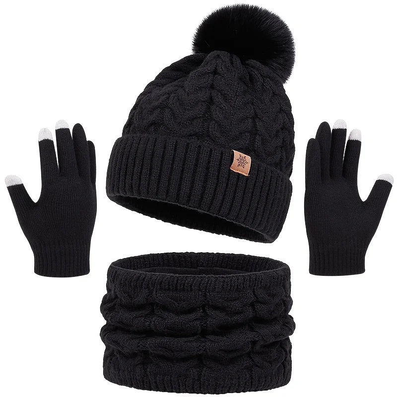 Winter 3-Piece Set: Warm Knit Hat, Scarf & Gloves