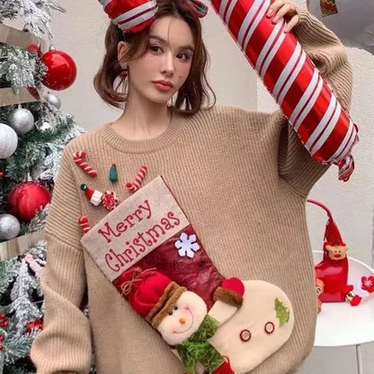 2026 Christmas Embroidery Loose Sweet Simple Jumper Pullover 3D Flower Knit Heavy Knitted Korea Goth New Feminine Tops Sweaters