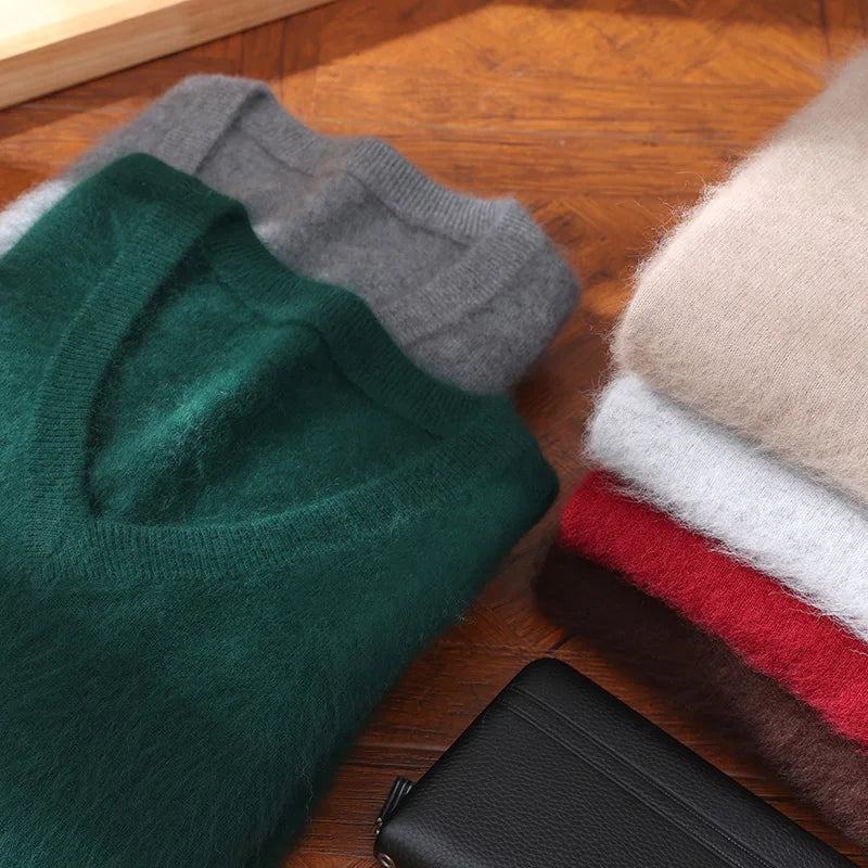 Men’s 100% Pure Mink Cashmere V-Neck Sweater –  for Autumn & Winter