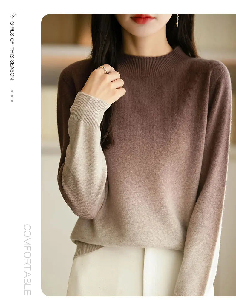 Women’s Fine Wool Thickened Sweater – Gradient Colour Mock Neck Pullover | Elegant Winter Knitwear by Rarely