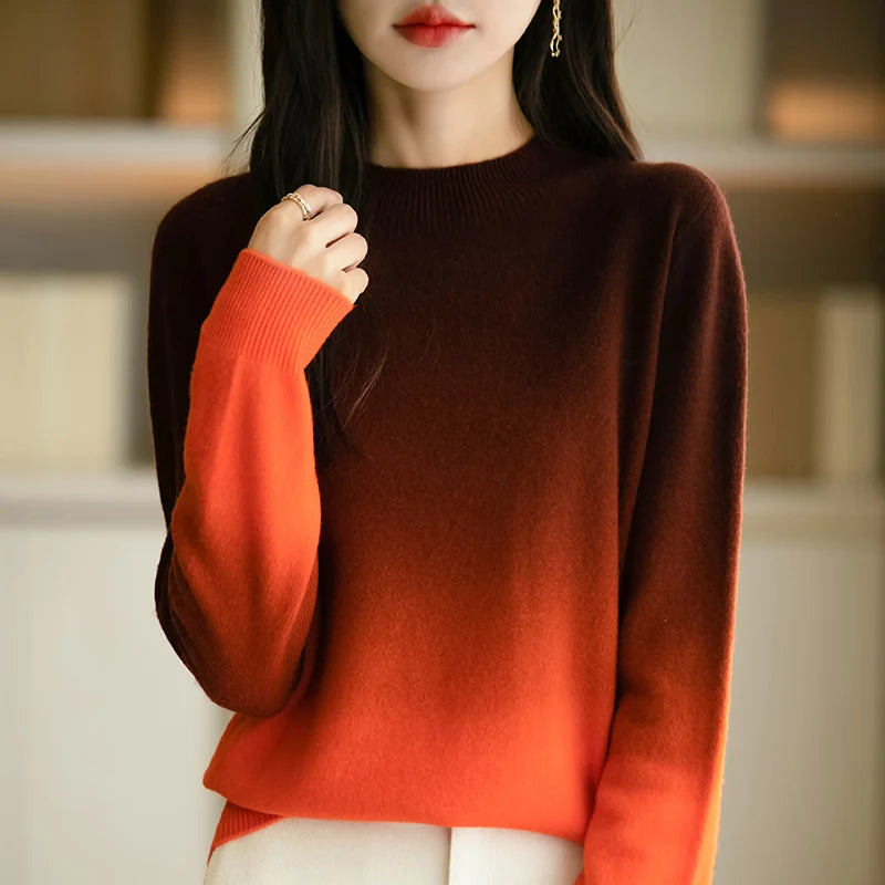 Women’s Fine Wool Thickened Sweater – Gradient Colour Mock Neck Pullover | Elegant Winter Knitwear by Rarely