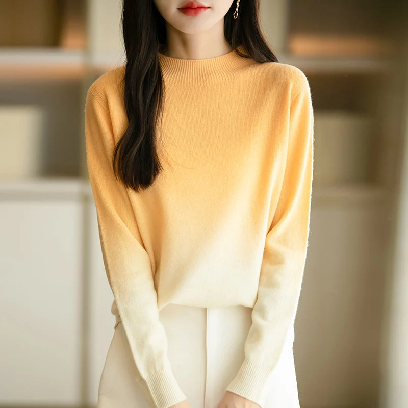 Women’s Fine Wool Thickened Sweater – Gradient Colour Mock Neck Pullover | Elegant Winter Knitwear by Rarely