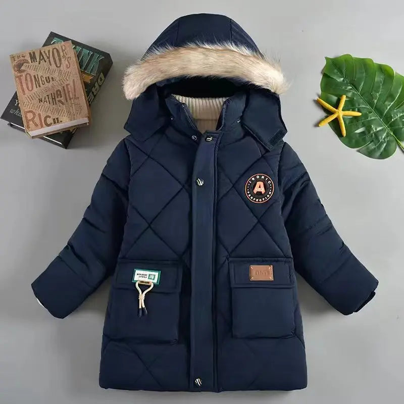 Boys’ Winter Thick Hooded Coat – Warm Fur Collar Jacket