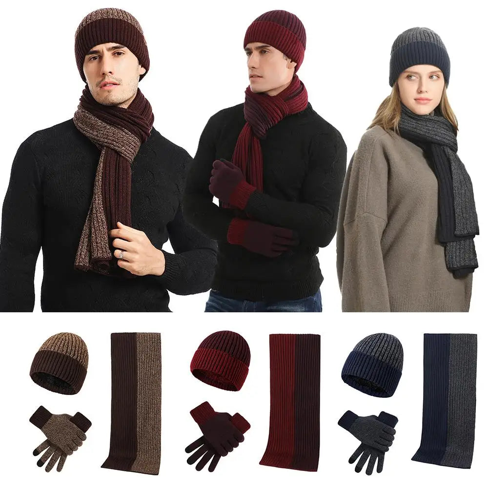 3Pcs/set Winter Beanie Hat Scarf Gloves Outdoor Ski Windproof Warm Scarf Sets Ear Protection Knitted Hat Scarf Mittens Set